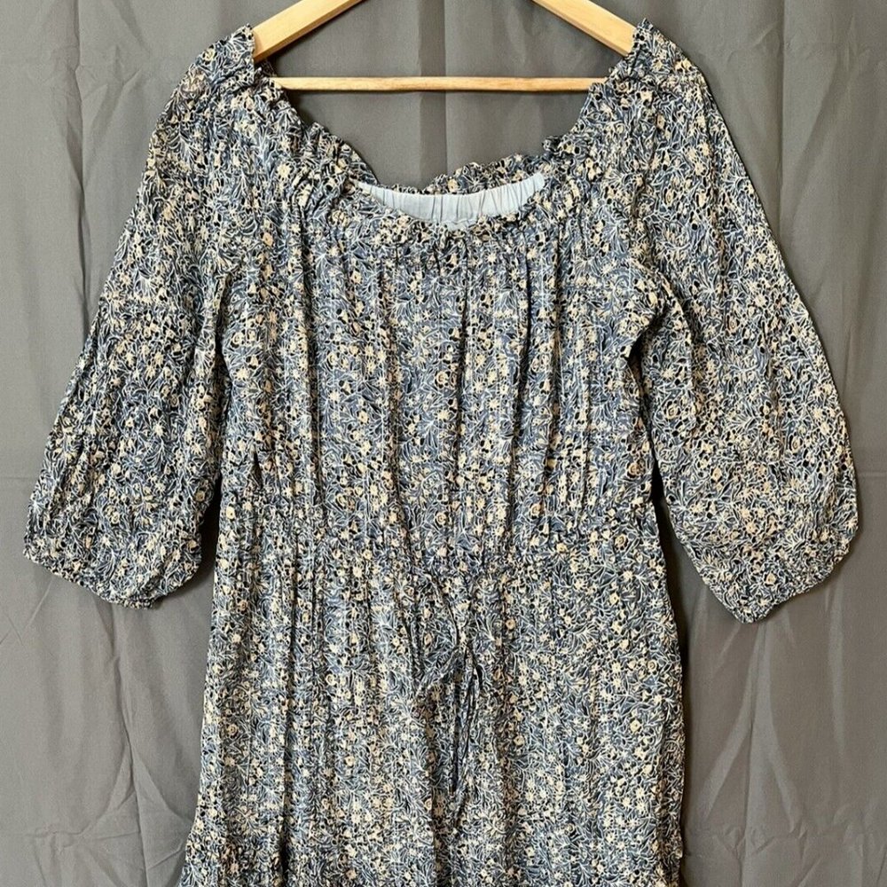 Anthropologie Women's Blue Silver Orange Floral Farmcore Peasant Dress